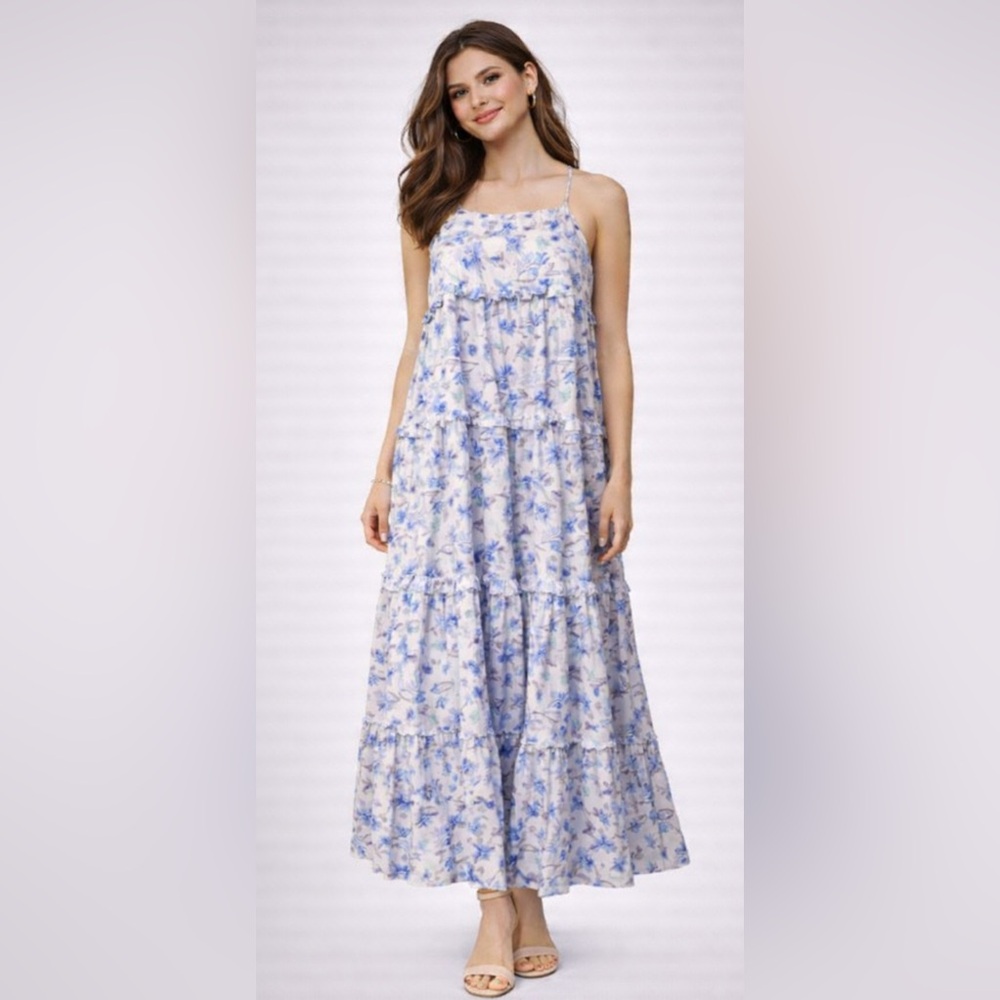 Storia Maxi Dress M Medium Tiered Floral Cotton Romanti Summer Sleeveless